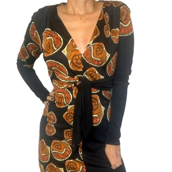 Pre-Loved Issa London Black & Orange Butterfly Long Sleeved Wrap Dress in Size 8 - Picture 1 of 6